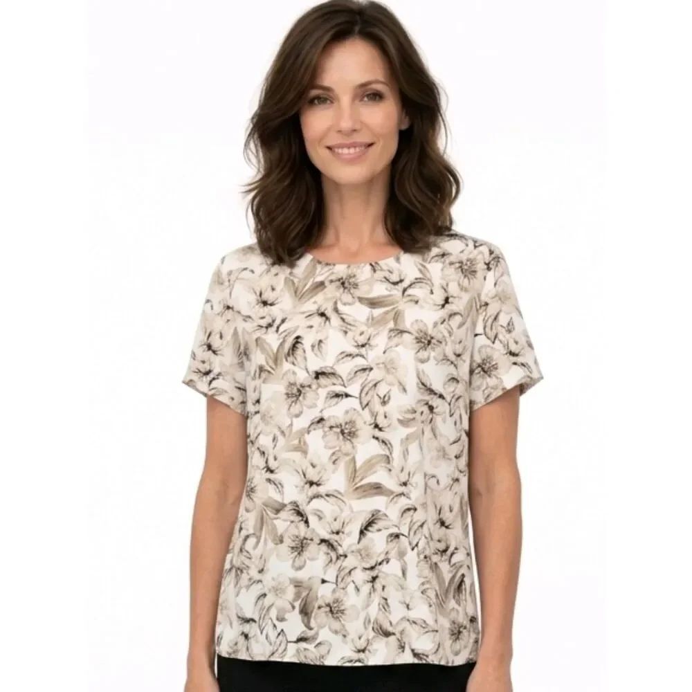 J. Jill Toupe & Brown Floral Keyhole Closure Short Sleeve Blouse Size L